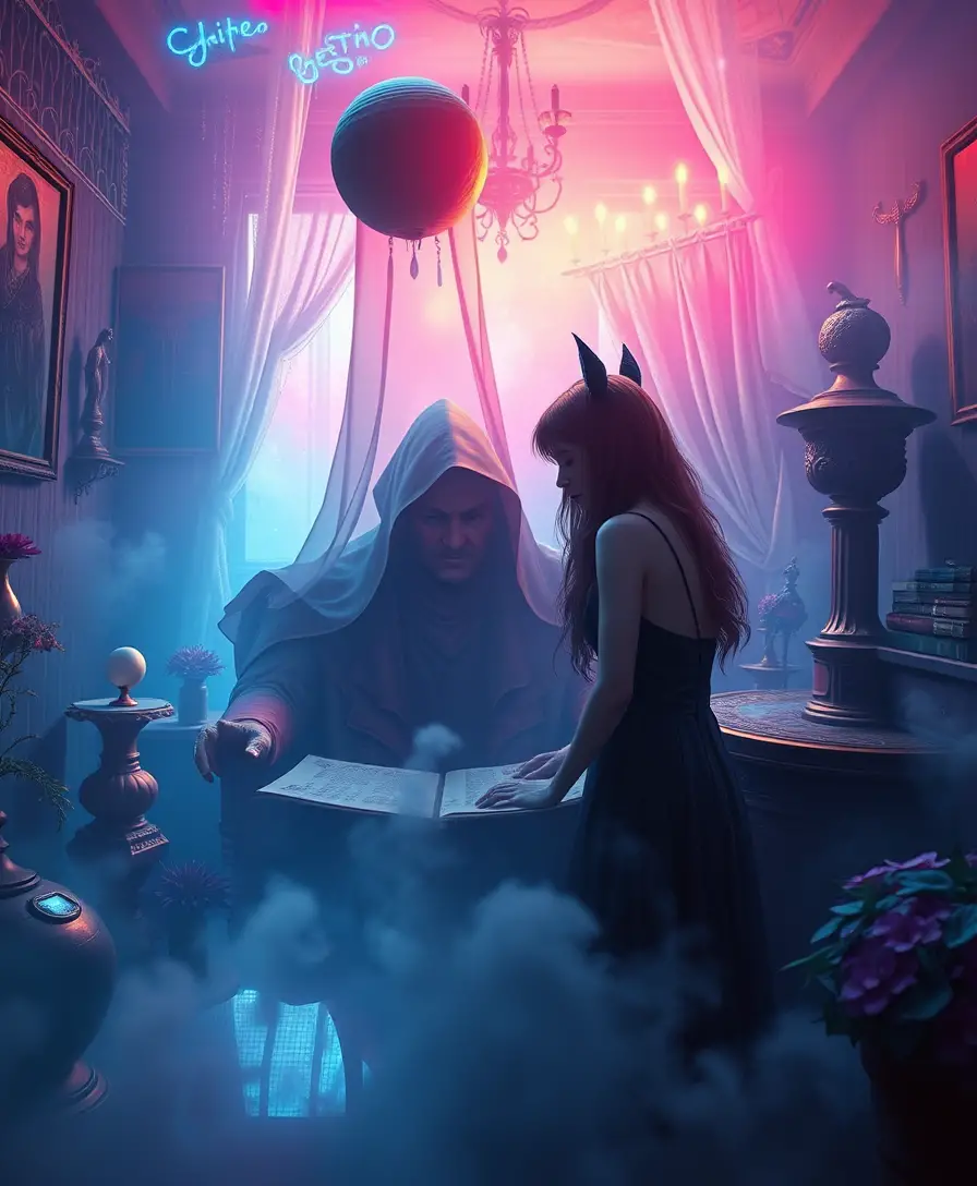 Surreal popsurrealist scene of an enigmatic unexpected guest