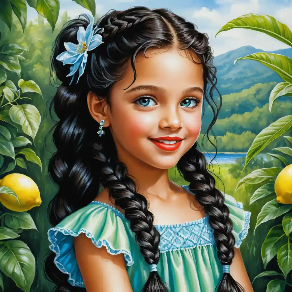 Smiling girl with long curly hair in green summer dress