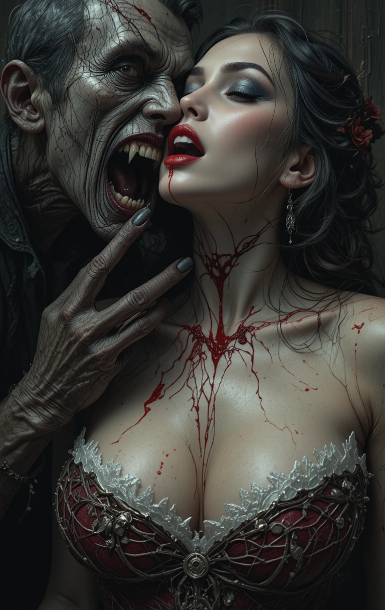 Vampire Biting A Woman’s Neck In A Dark Scene
