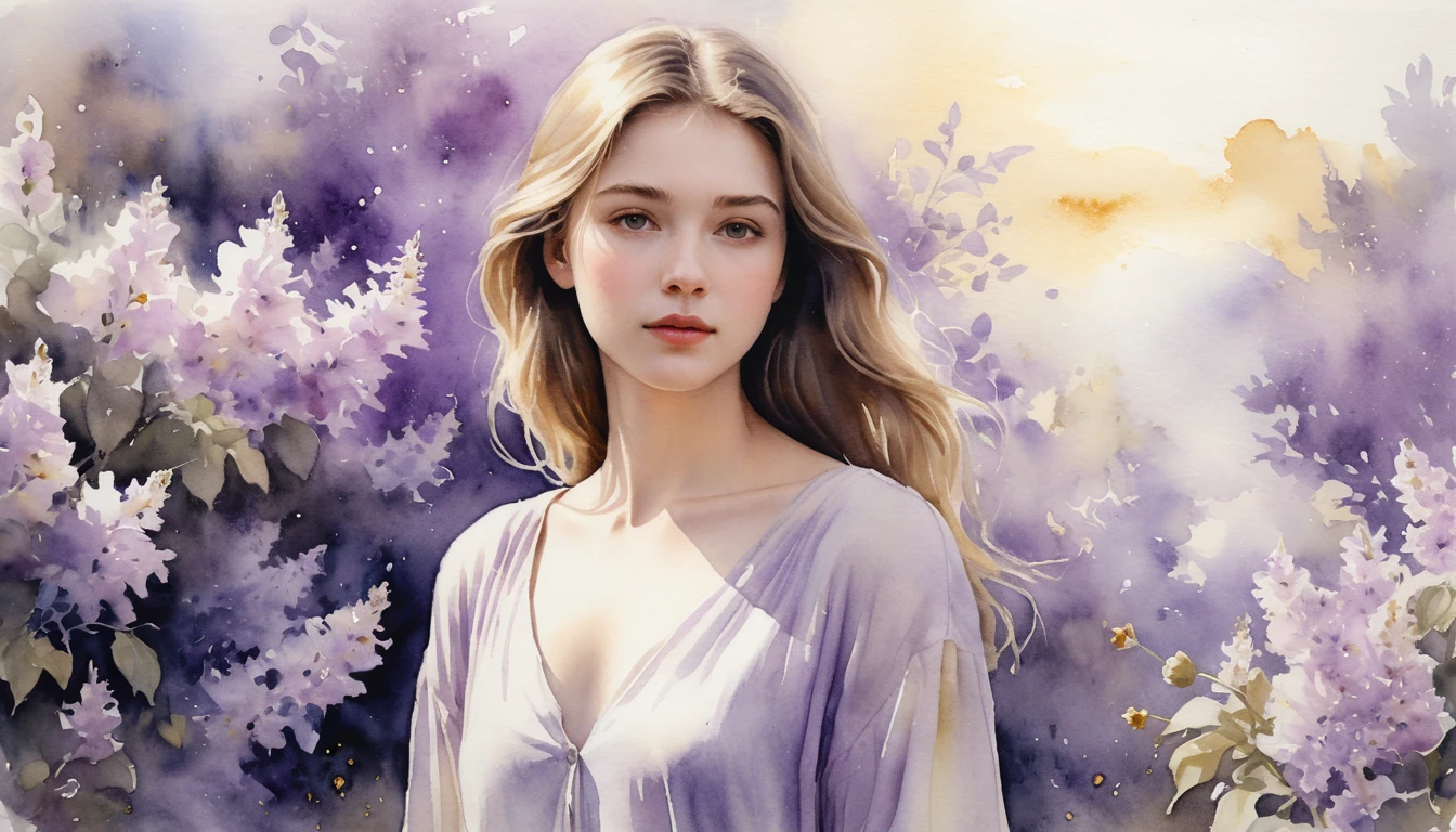 Young woman in a soft watercolor garden scene