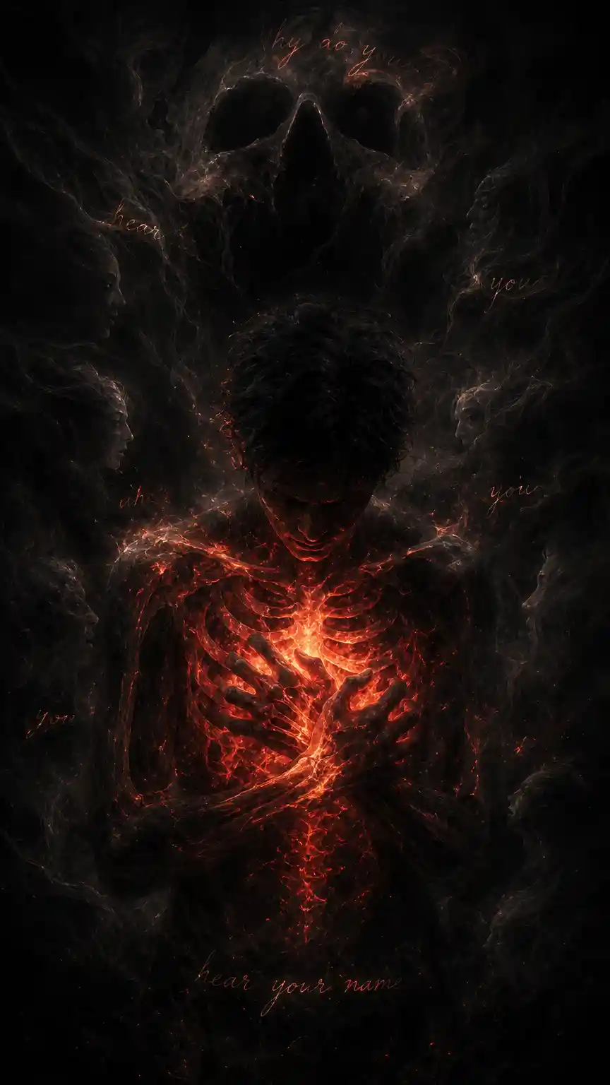 Tormented bones bound together in burning inner craving