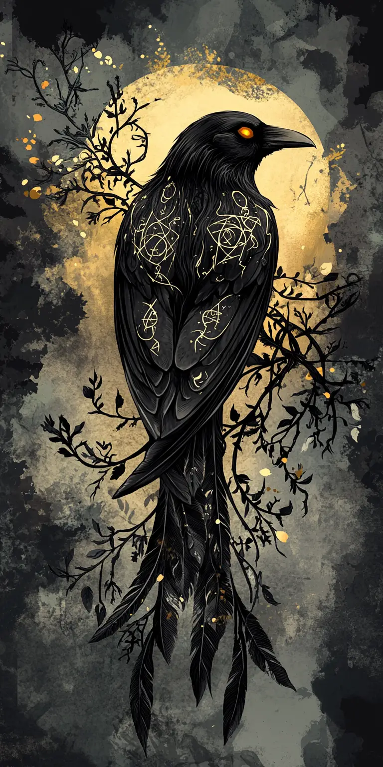 Illustration de Corbeau Mystique avec Runes et Filigrane d'Épines