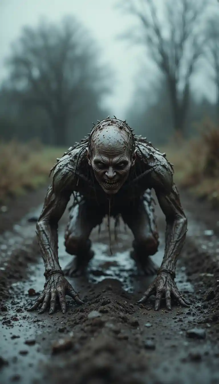 Creepy zombie crawling along a muddy gloomy rural road