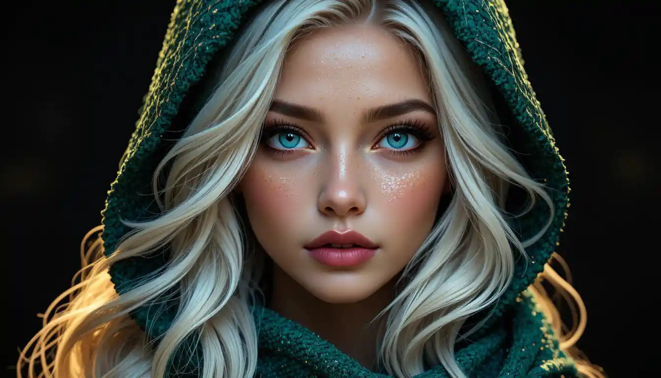 Blonde girl in emerald hooded scarf with sparkling makeup