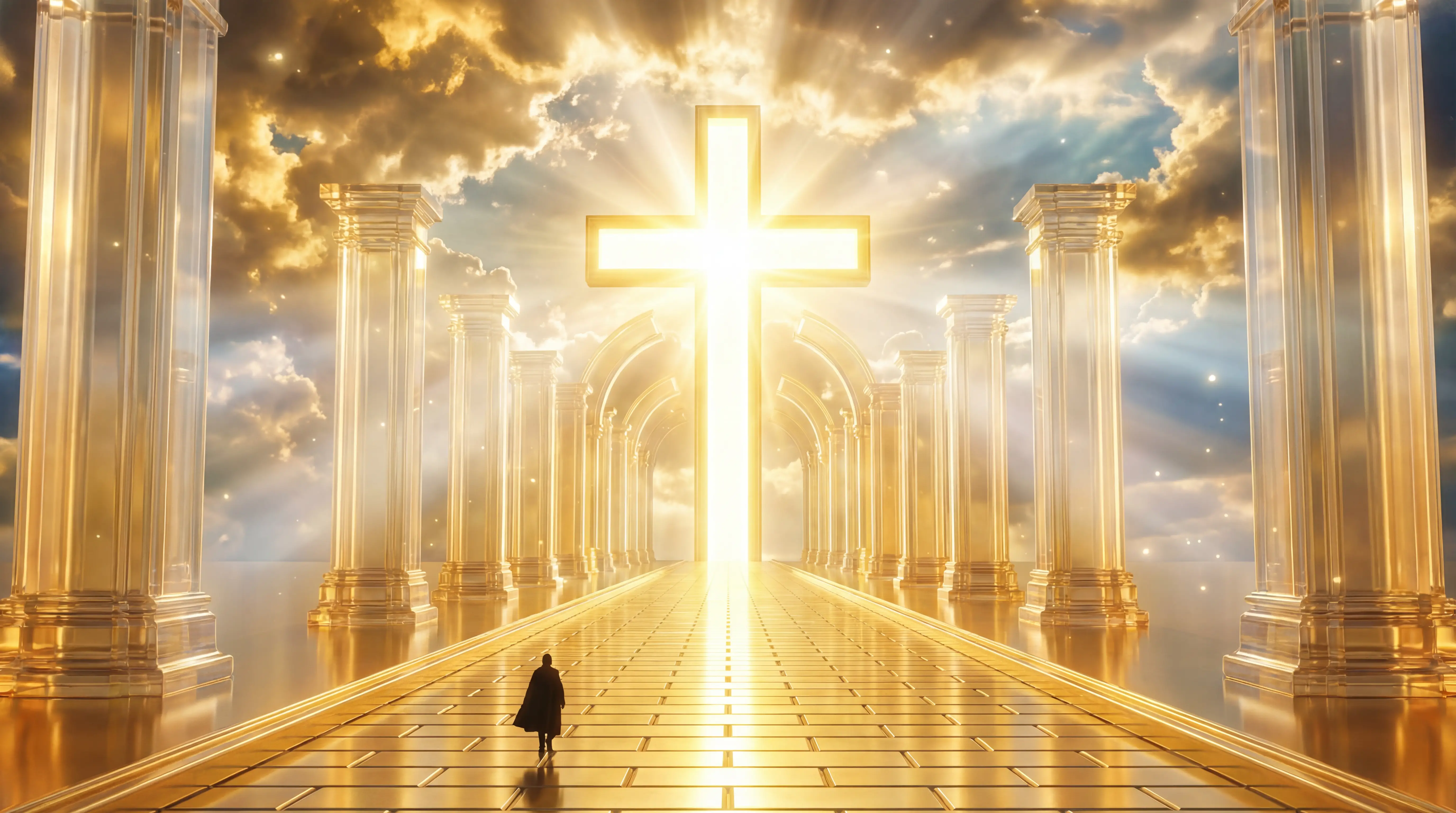 Golden road leading to a radiant cross in heaven