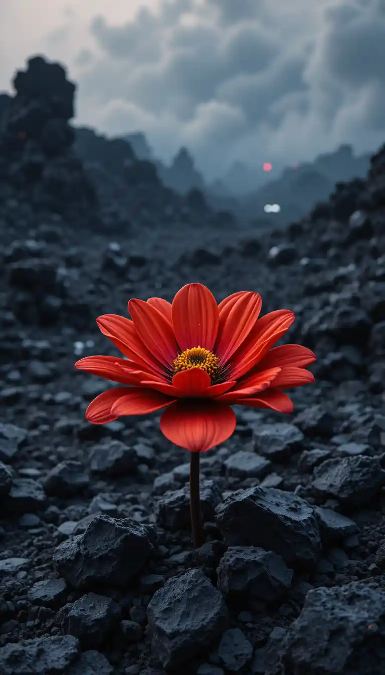 Fiore rosso contro un oscuro paesaggio di lava rocciosa nella nebbia