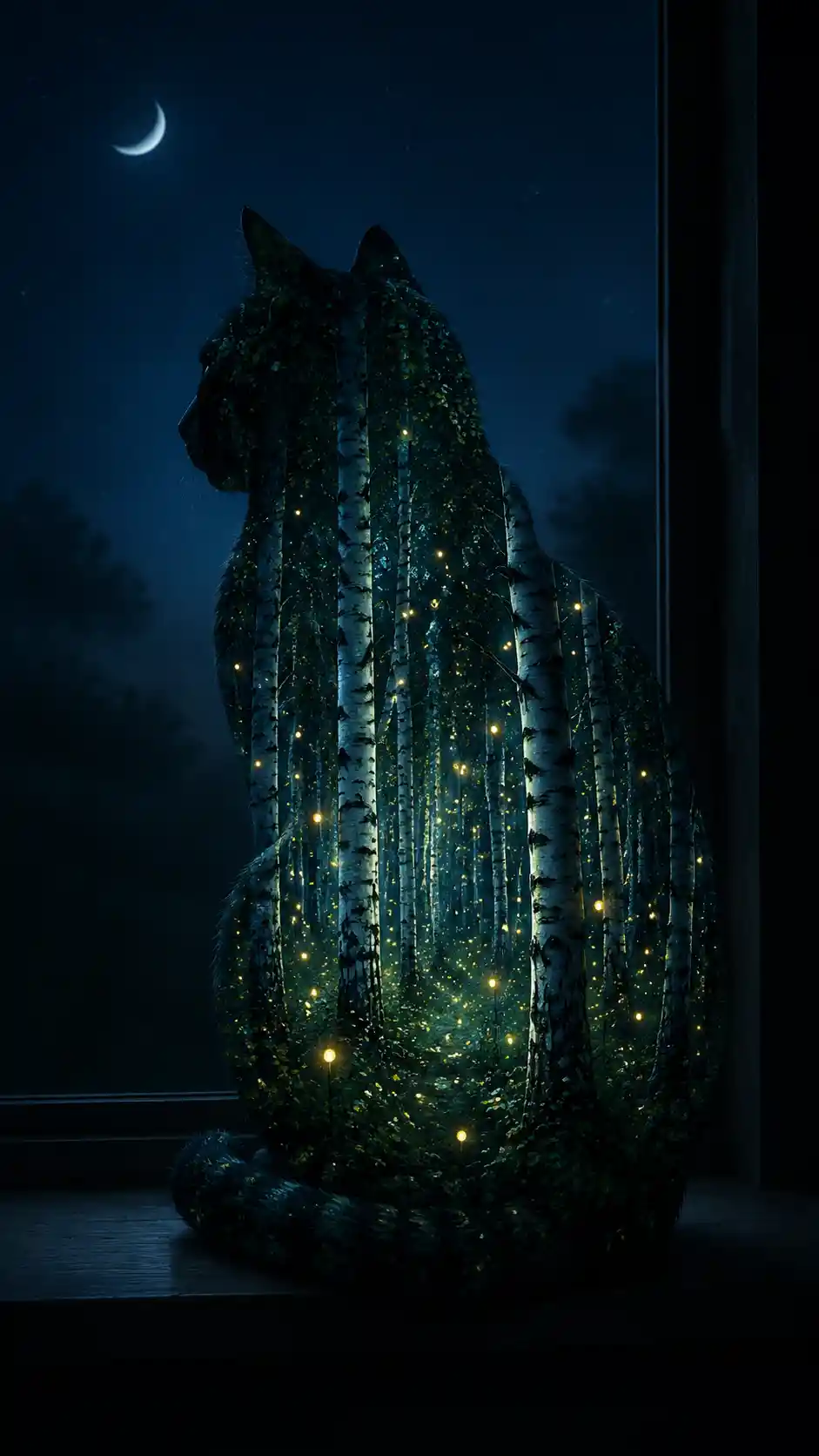 Cat silhouette window scene with glowing birch forest inside