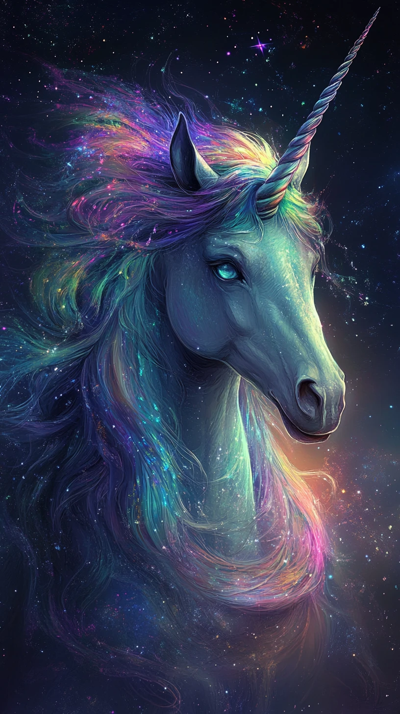 Ethereal unicorn with stardust coat and glowing eyes