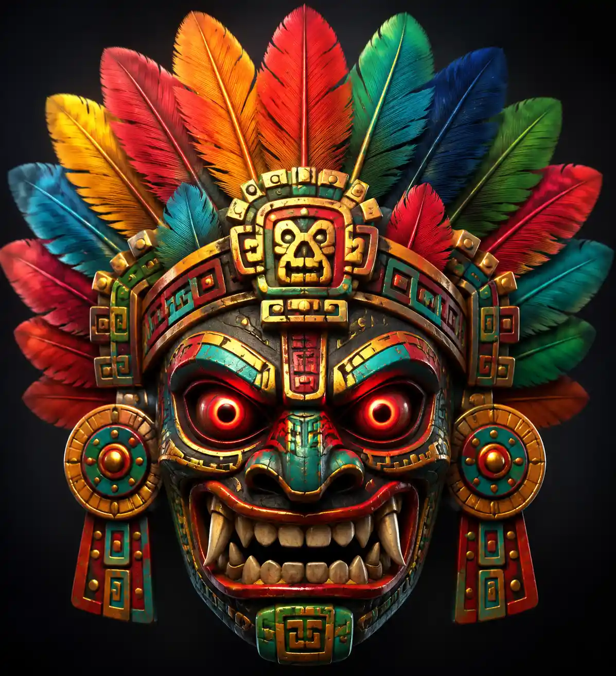 Colorful 3D Aztec Mask With Demonic Red Eyes And Grin