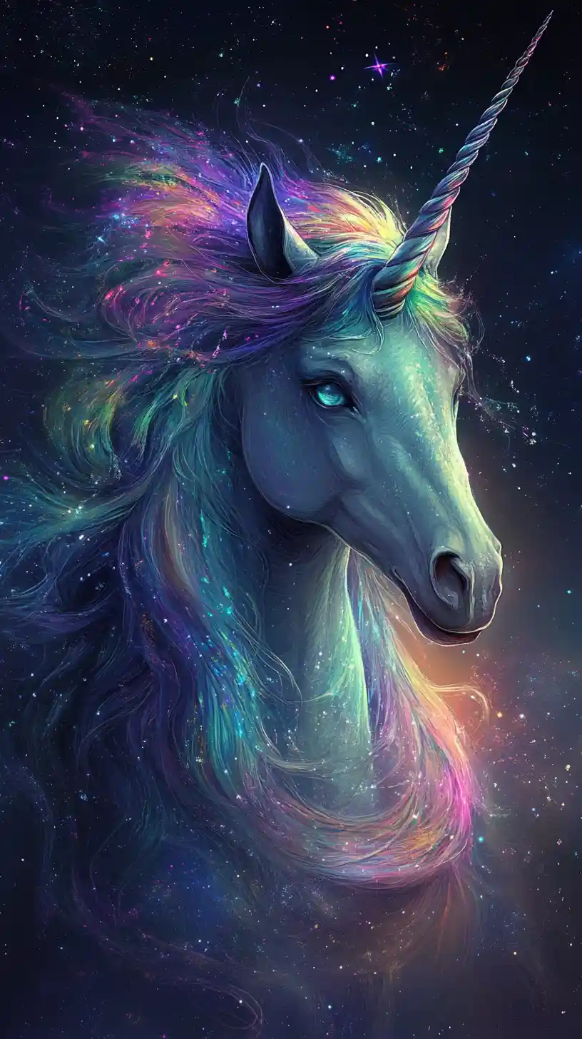 Ethereal unicorn with stardust coat and glowing eyes