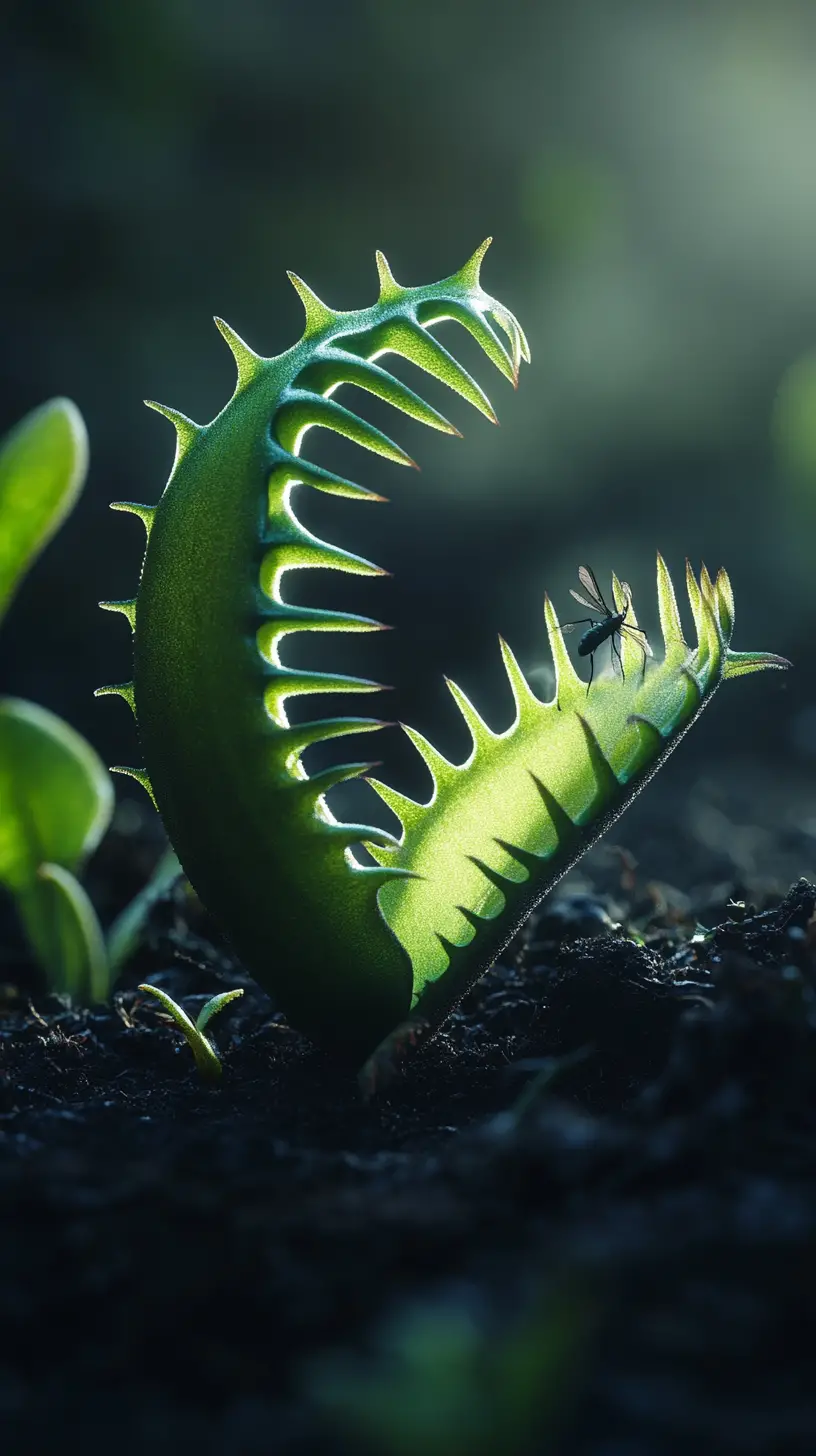 Venus flytrap capturing insect in glowing fantasy illustration