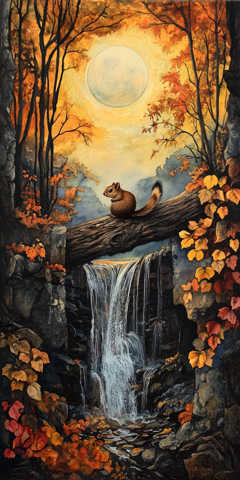 Surreal chipmunk on a log in a moonlit forest