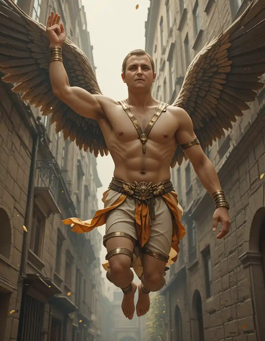 Majestic winged angel rising above old European street