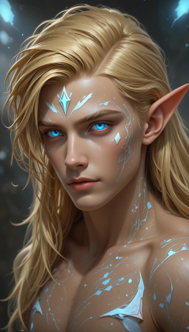 Young angelic warrior with glowing blue eyes and wings