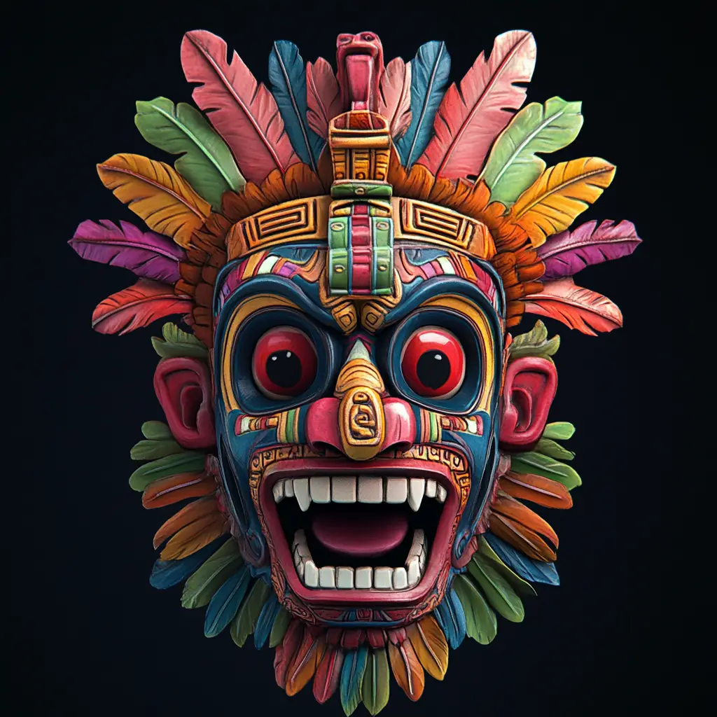 Máscara azteca 3D colorida con ojos rojos demoníacos y siniestra sonrisa