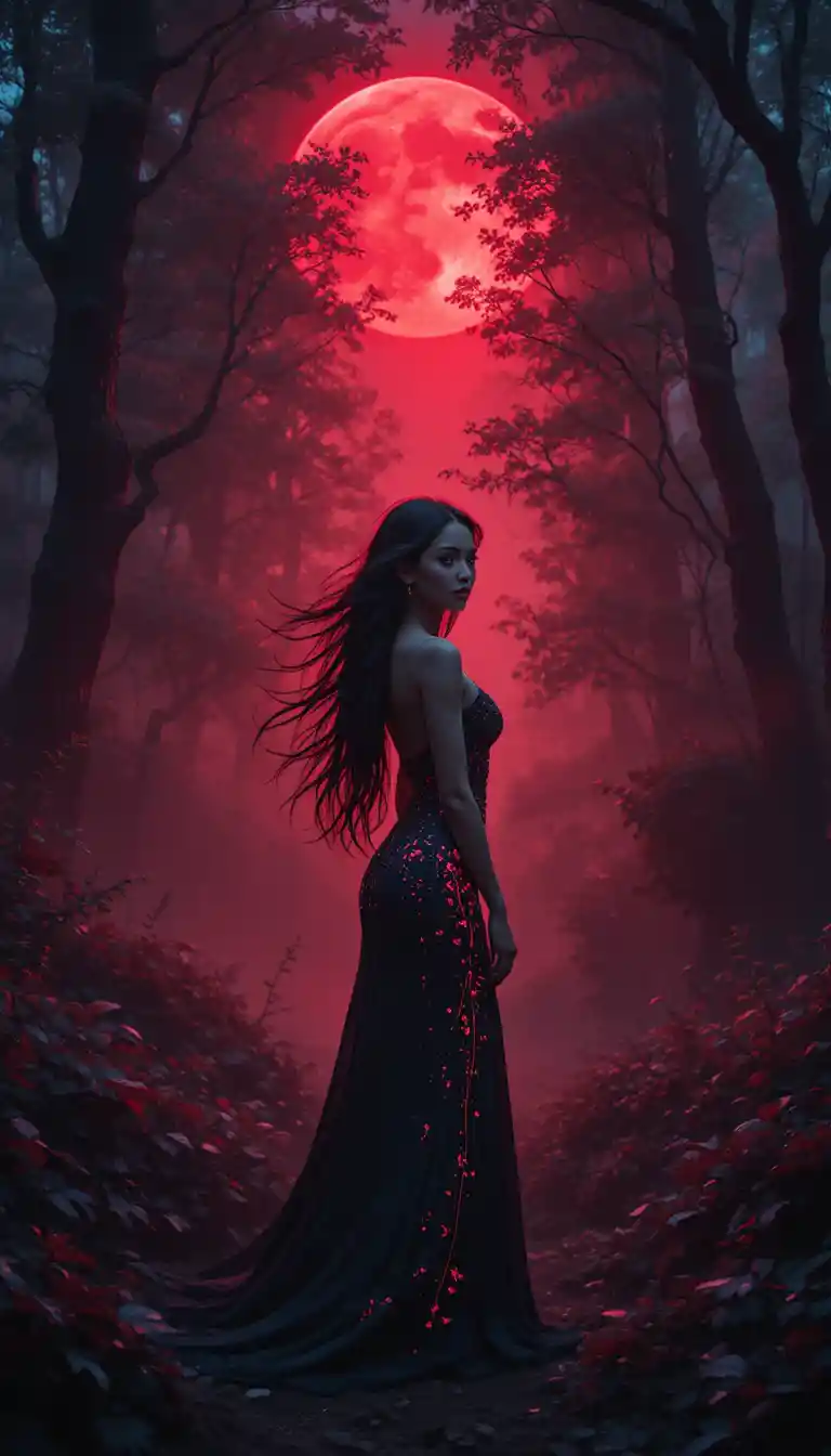 Enigmatic woman under a glowing red moon in forest