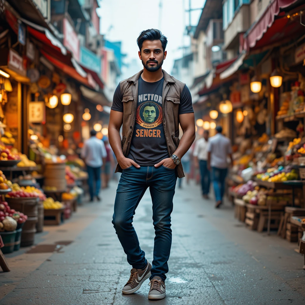 Mono elegante posando en un bullicioso mercado callejero de la India