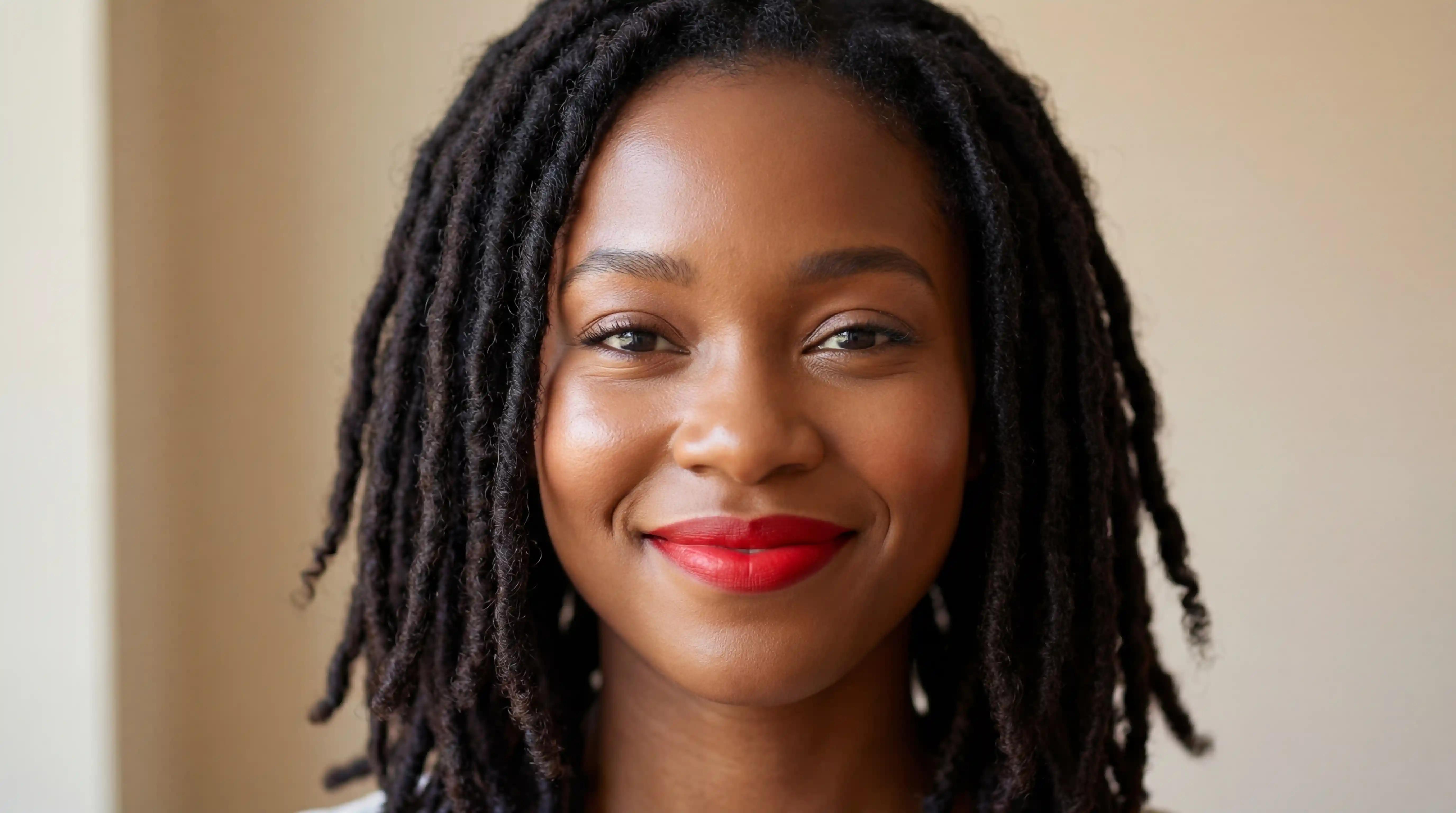 Smiling Black woman portrait with red lipstick and locs