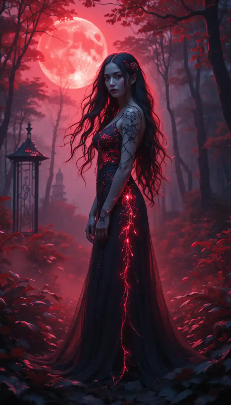 Enchanted woman beneath a luminous red moon