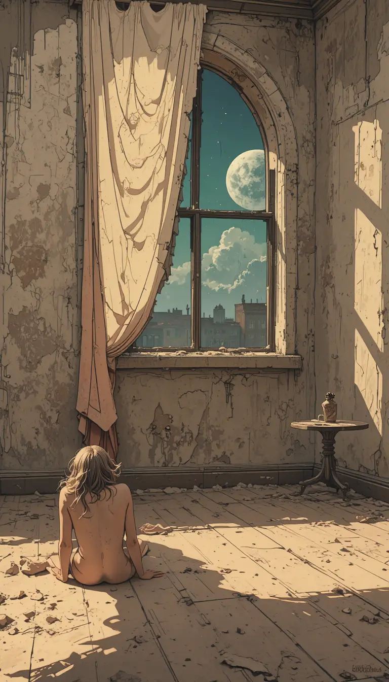 Rideau déchiré dans une chambre désertique au clair de lune avec des ombres inquiétantes