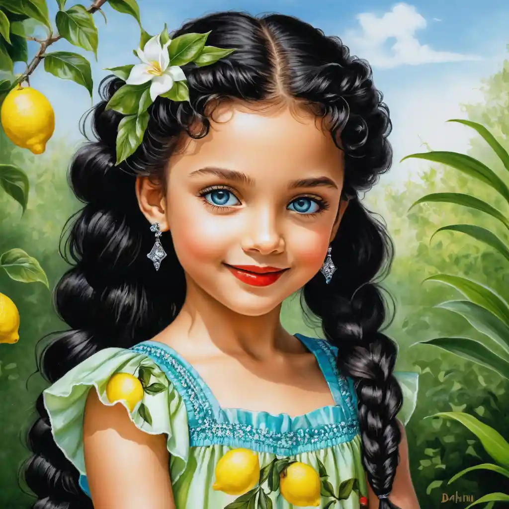 Smiling girl with long curly hair in green summer dress
