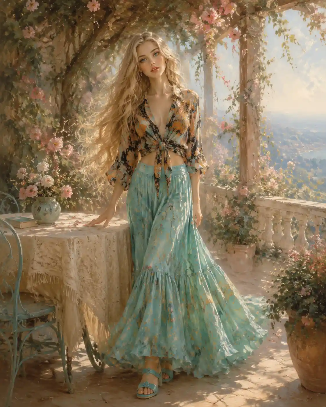 Romantic woman in flowing skirt on garden terrace