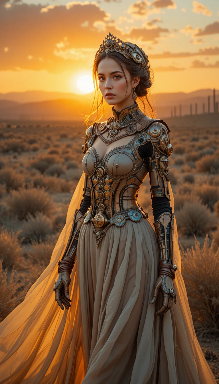 Clockwork princess standing in a desert at warm sunset