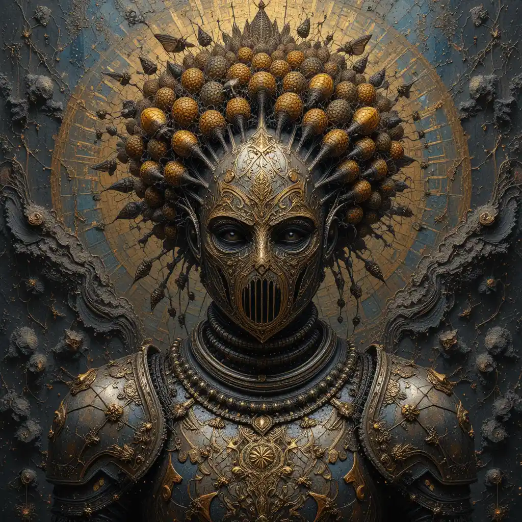 Knight armor crowned with beehives in abstract mosaic