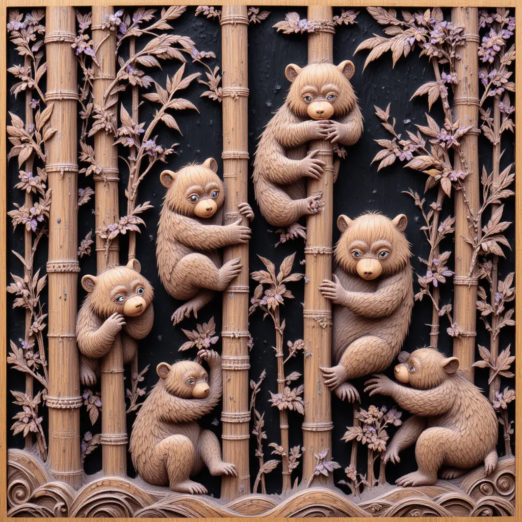 Intaglio in legno intricato di orsi giocherelloni in una foresta di bambù