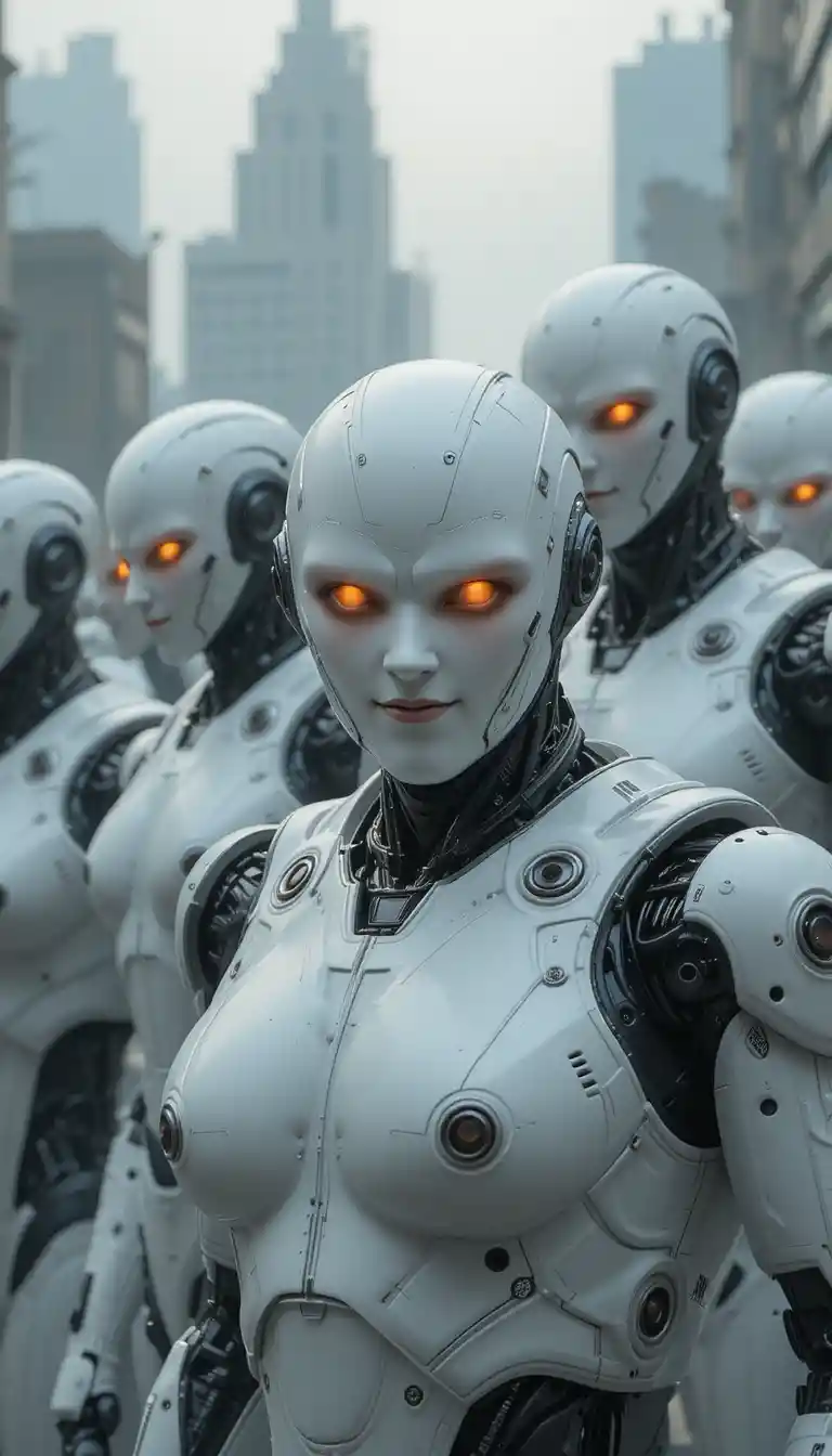 Sleek humanoid robots line up in a futuristic cityscape