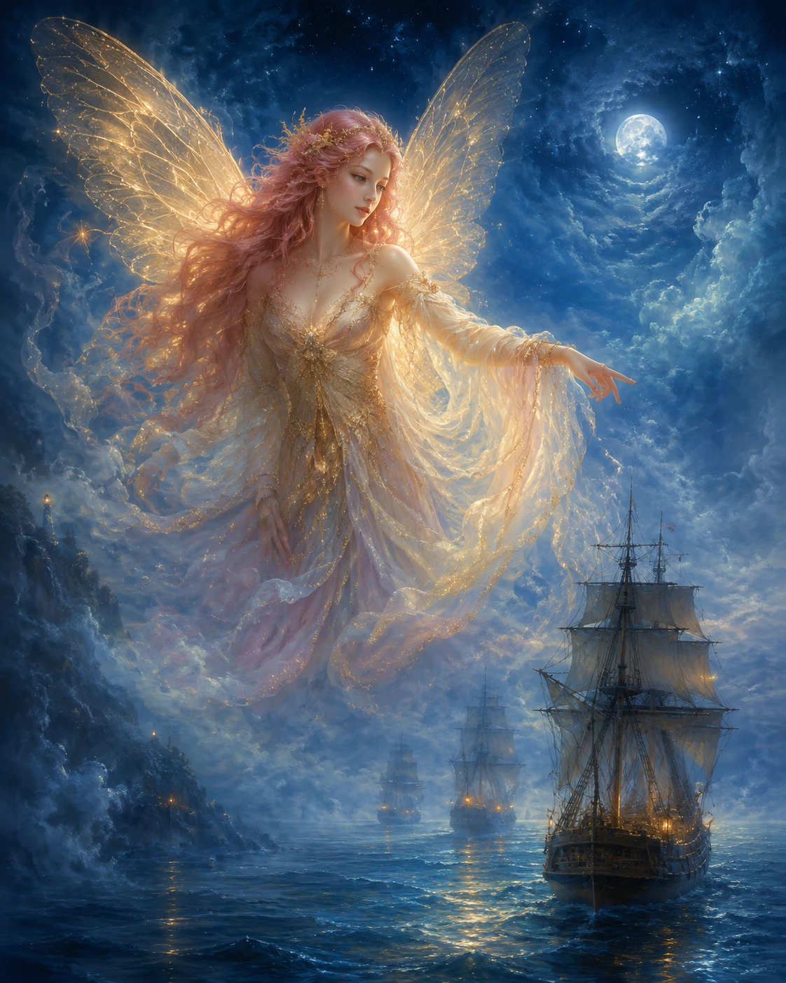Luminous fairy with golden wings guiding ships at night