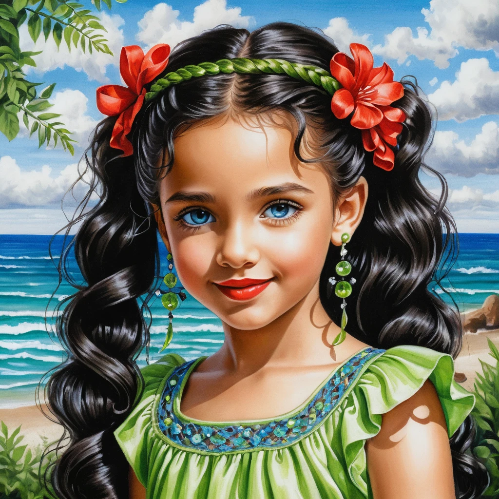 Smiling girl with long black braid in green summer dress