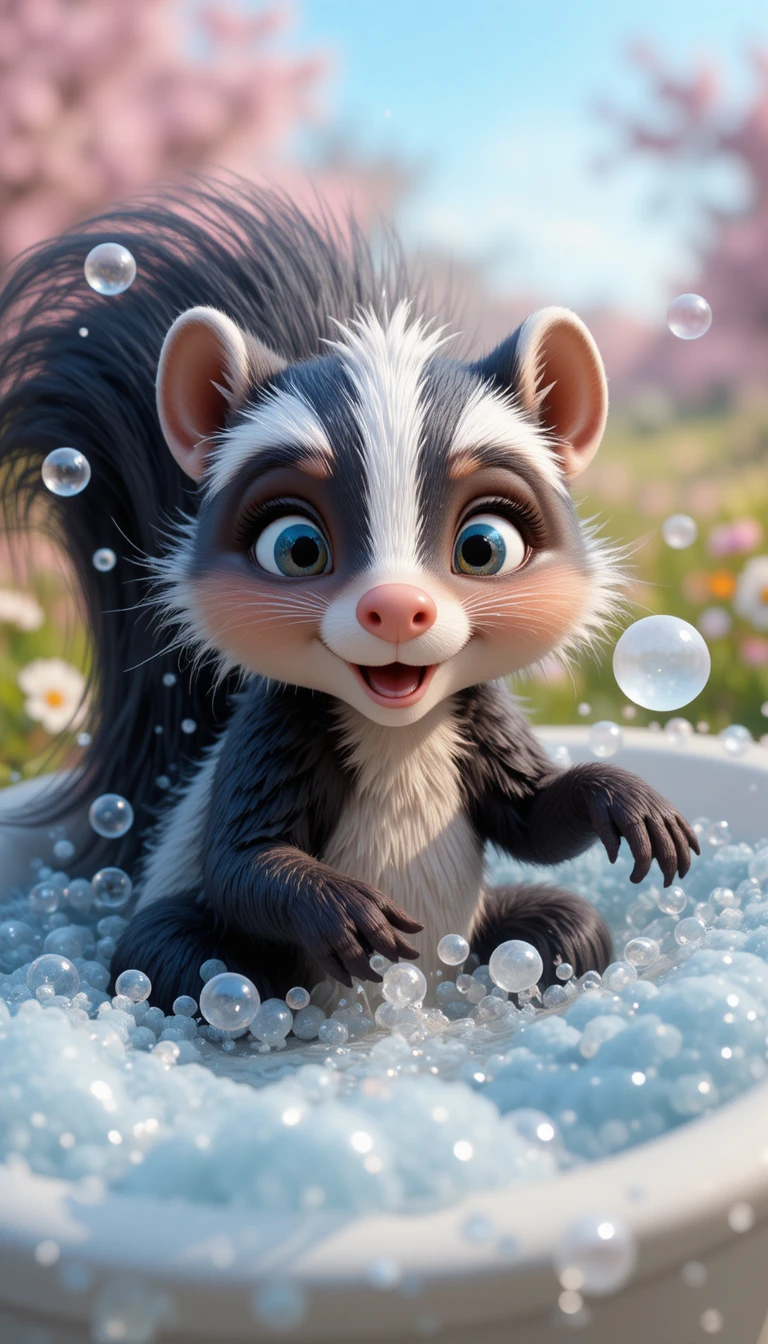 Cute skunk in a bubble bath amid a blooming field