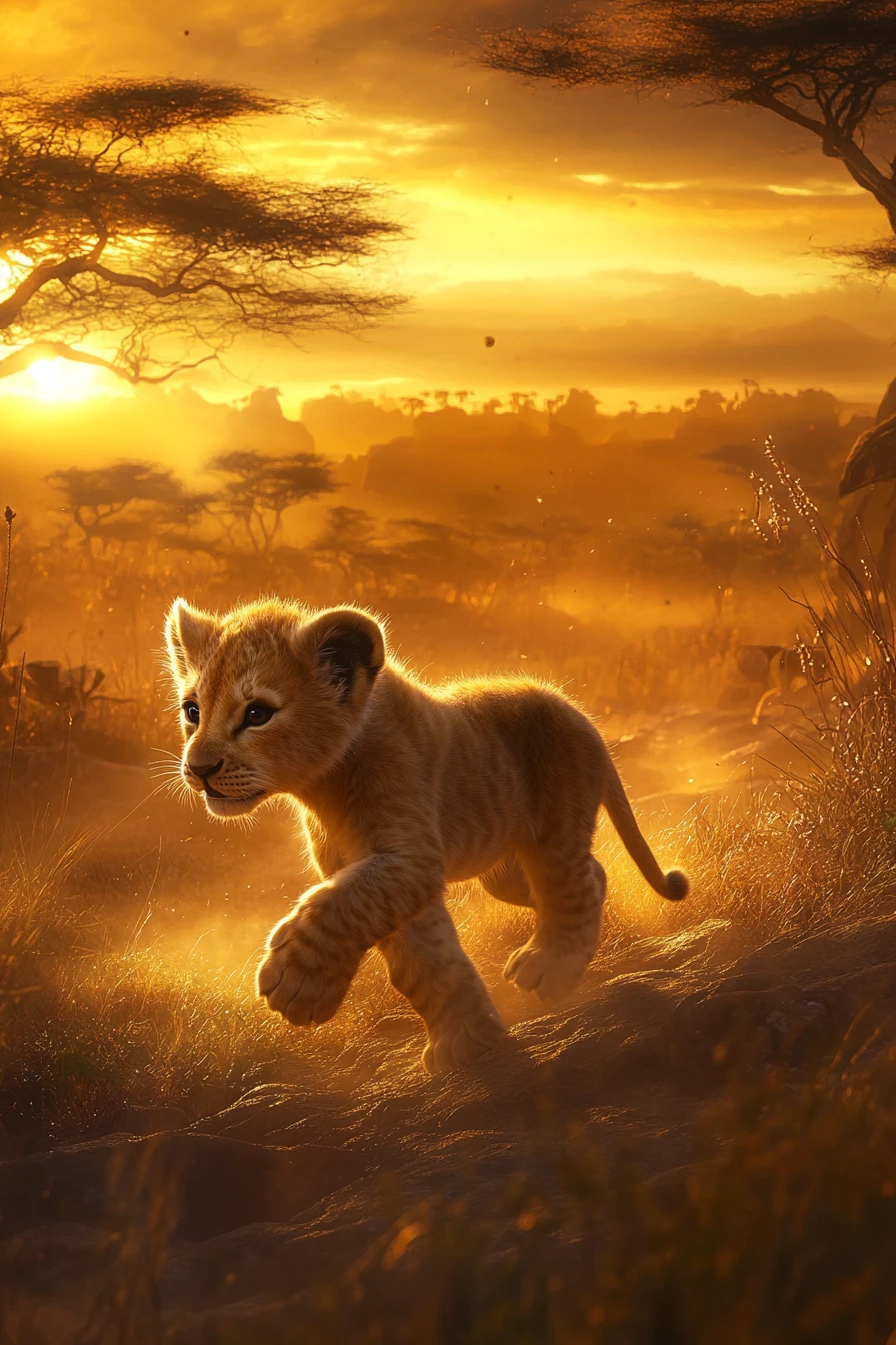 Young lion crossing golden savanna at sunrise