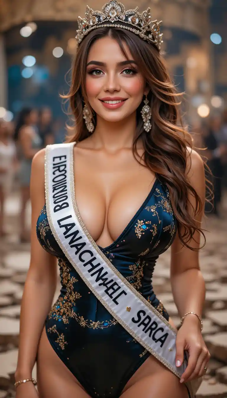 Glamorous woman in pageant outfit with confident smile