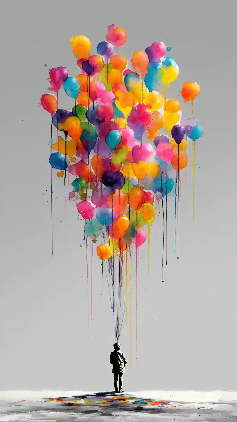 Colorful deflated balloons falling through abstract empty sky