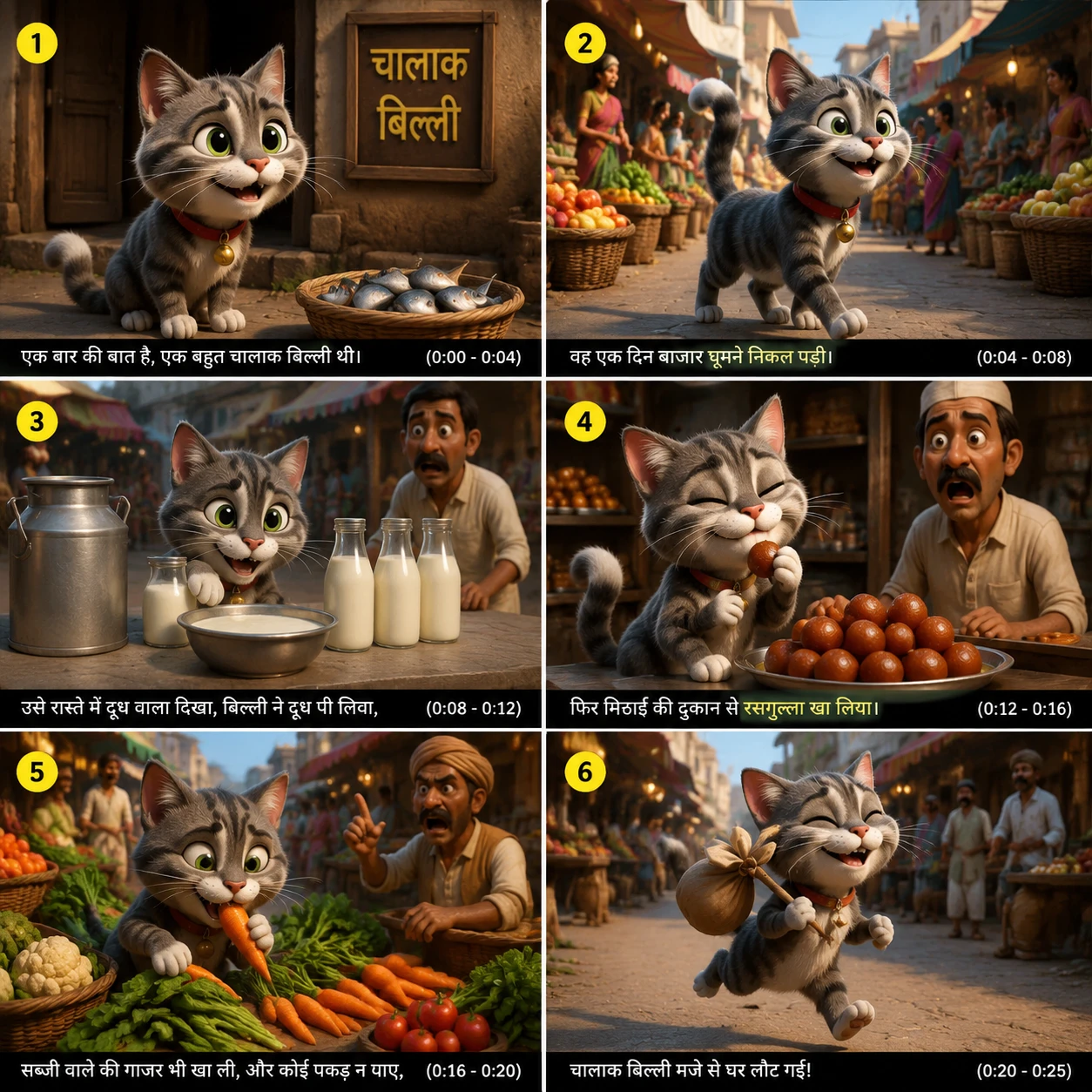 Playful cartoon cat enjoying a fun market outing scene