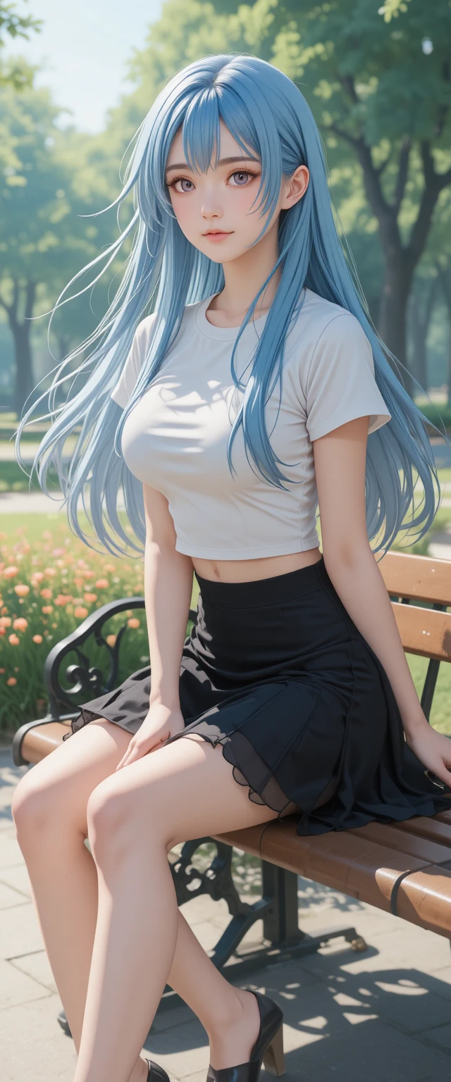 Garota de anime de cabelo azul sentada em um banco de parque