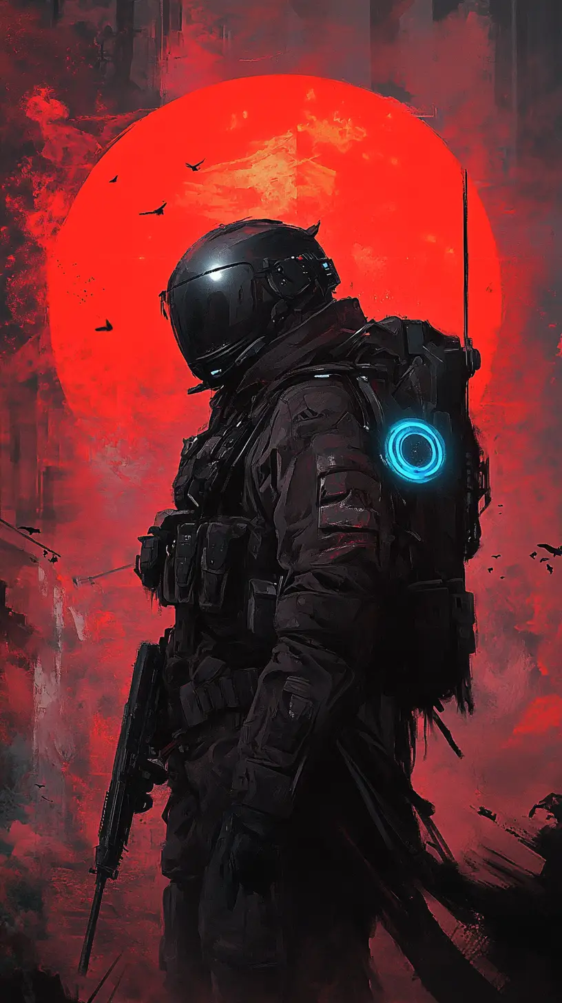 Futuristic Armored Soldier Before A Red Alien Sun