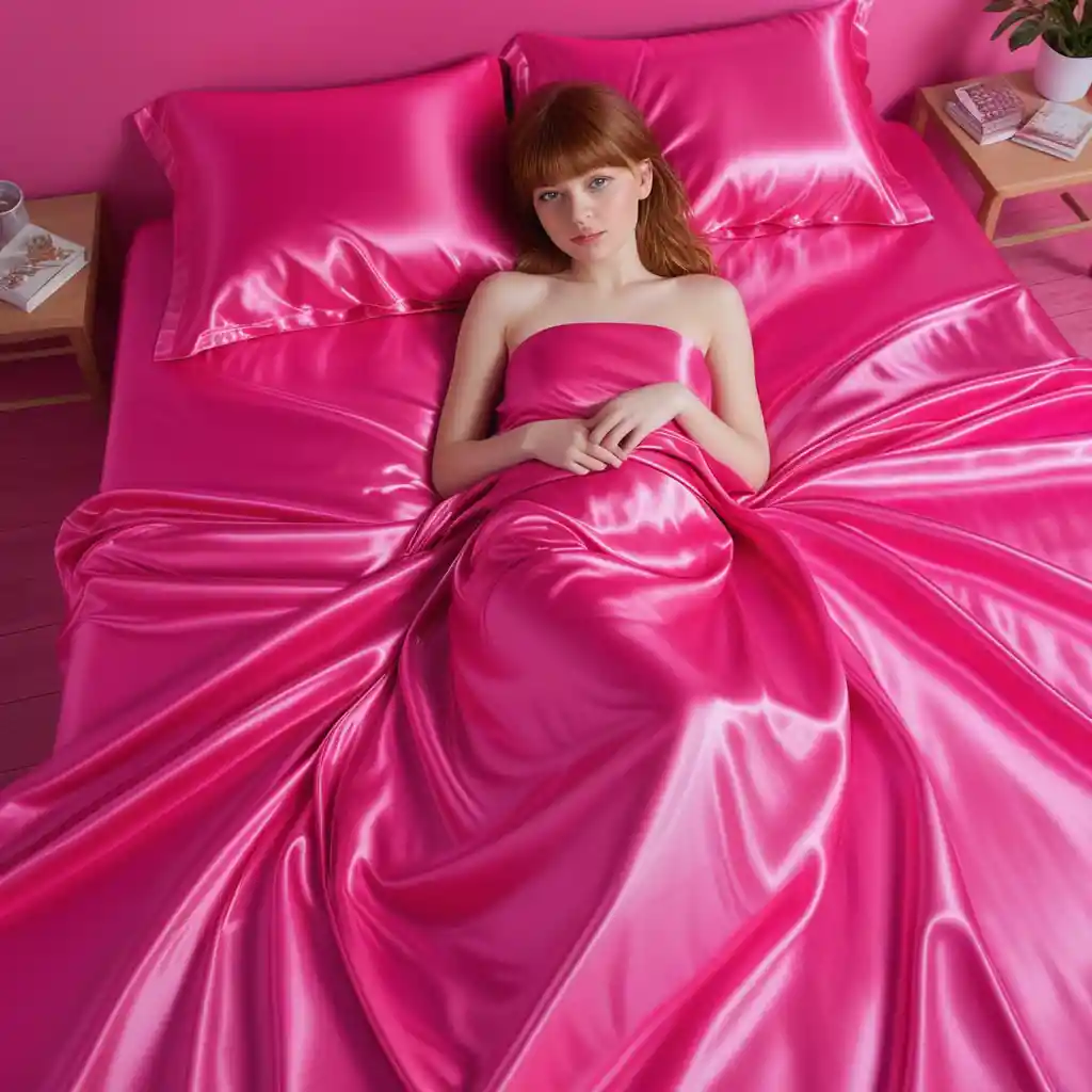 Woman lying on hot pink satin bed sheets