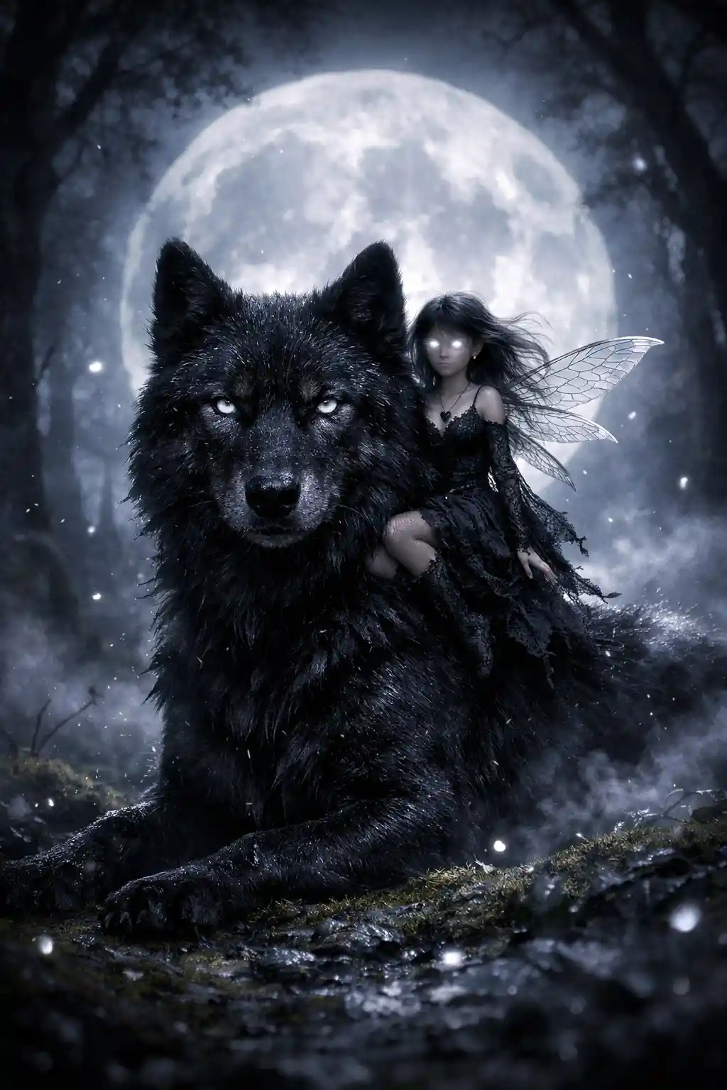 Wolf And Fairy Under A Luminous Full Moon