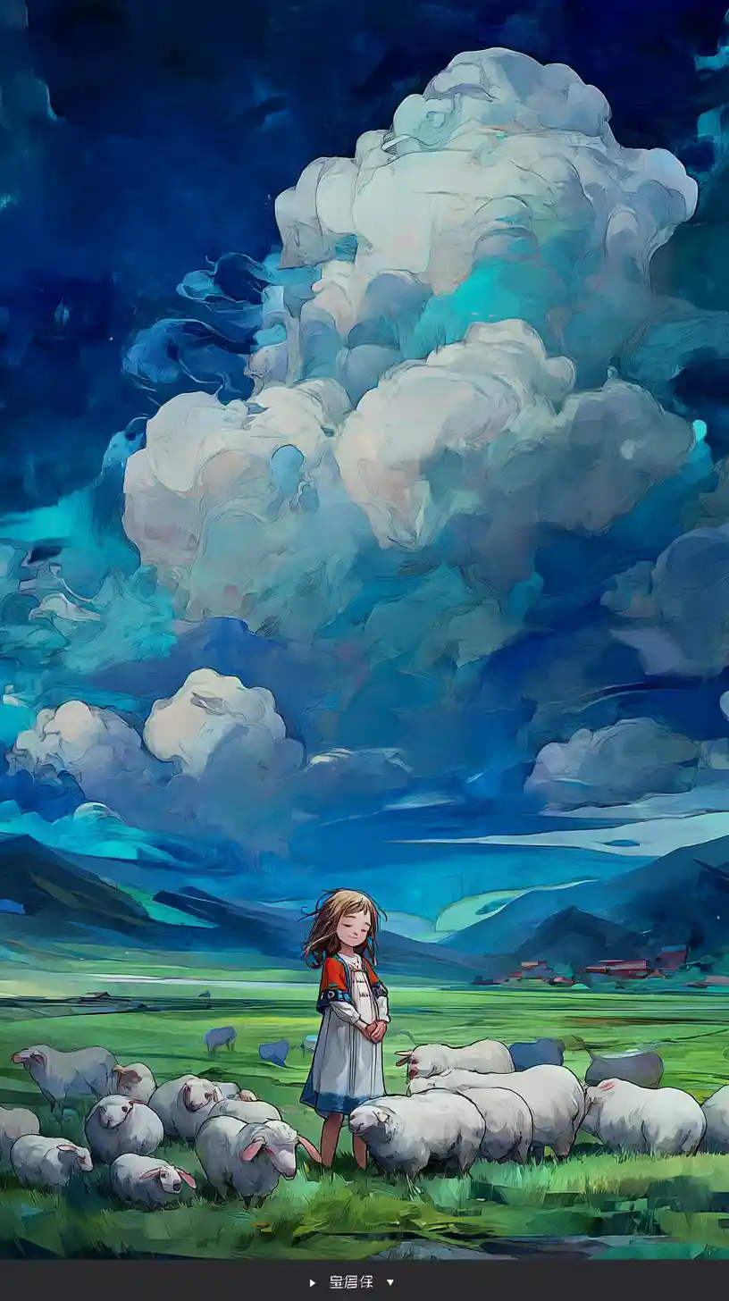 Smiling young girl standing in a grassy field with cloud animals