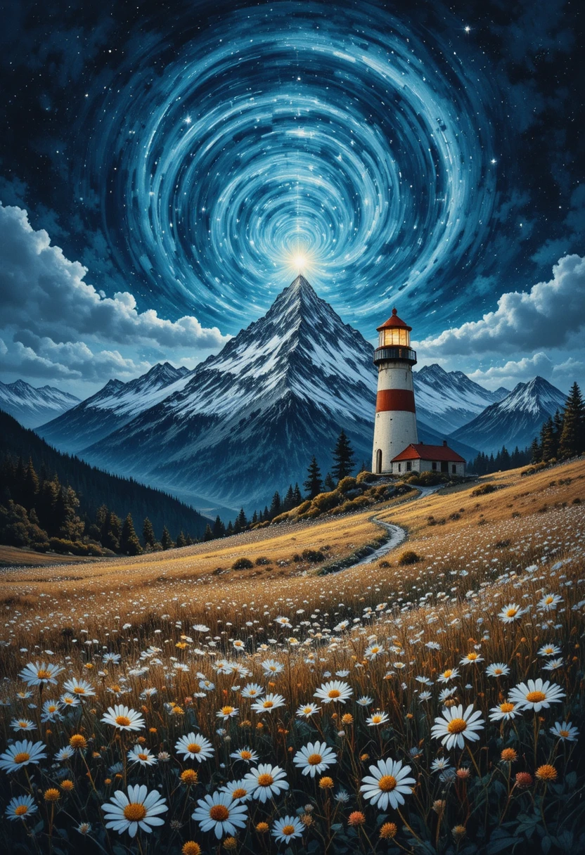 Mountain lighthouse over chamomile field under winter night sky