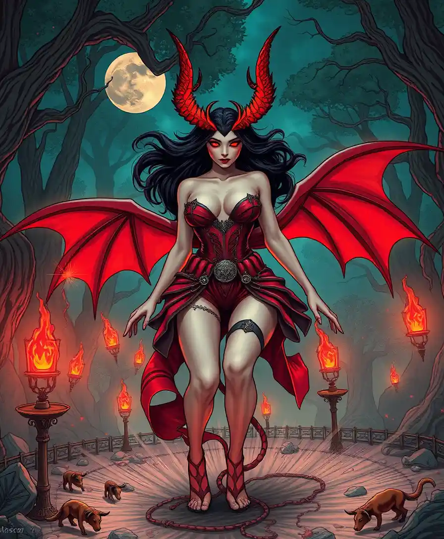 Surreal pop surrealism fantasy scene with a sensual demon woman