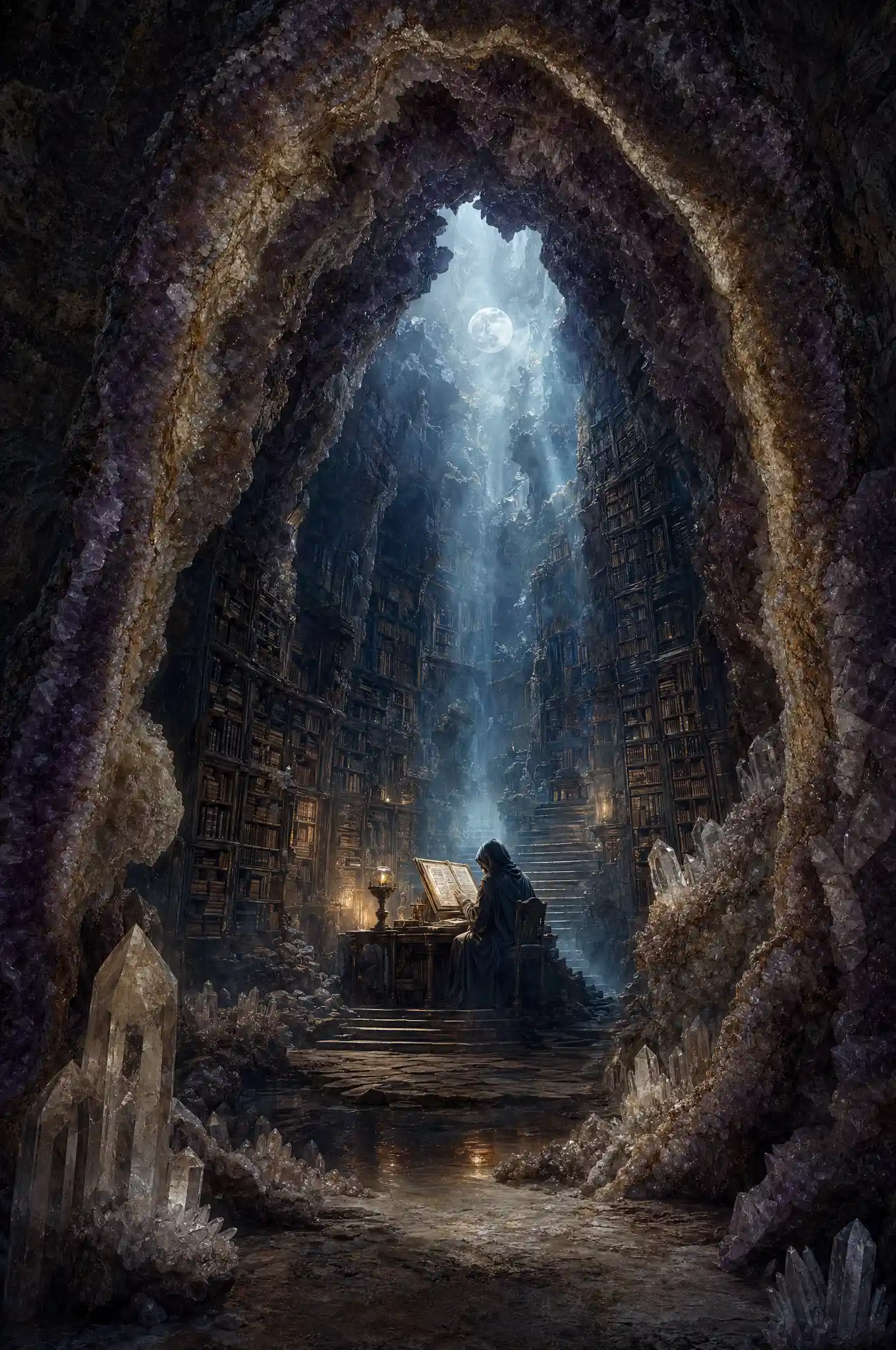 Cloaked Scholar Reading In A Moonlit Crystal Library