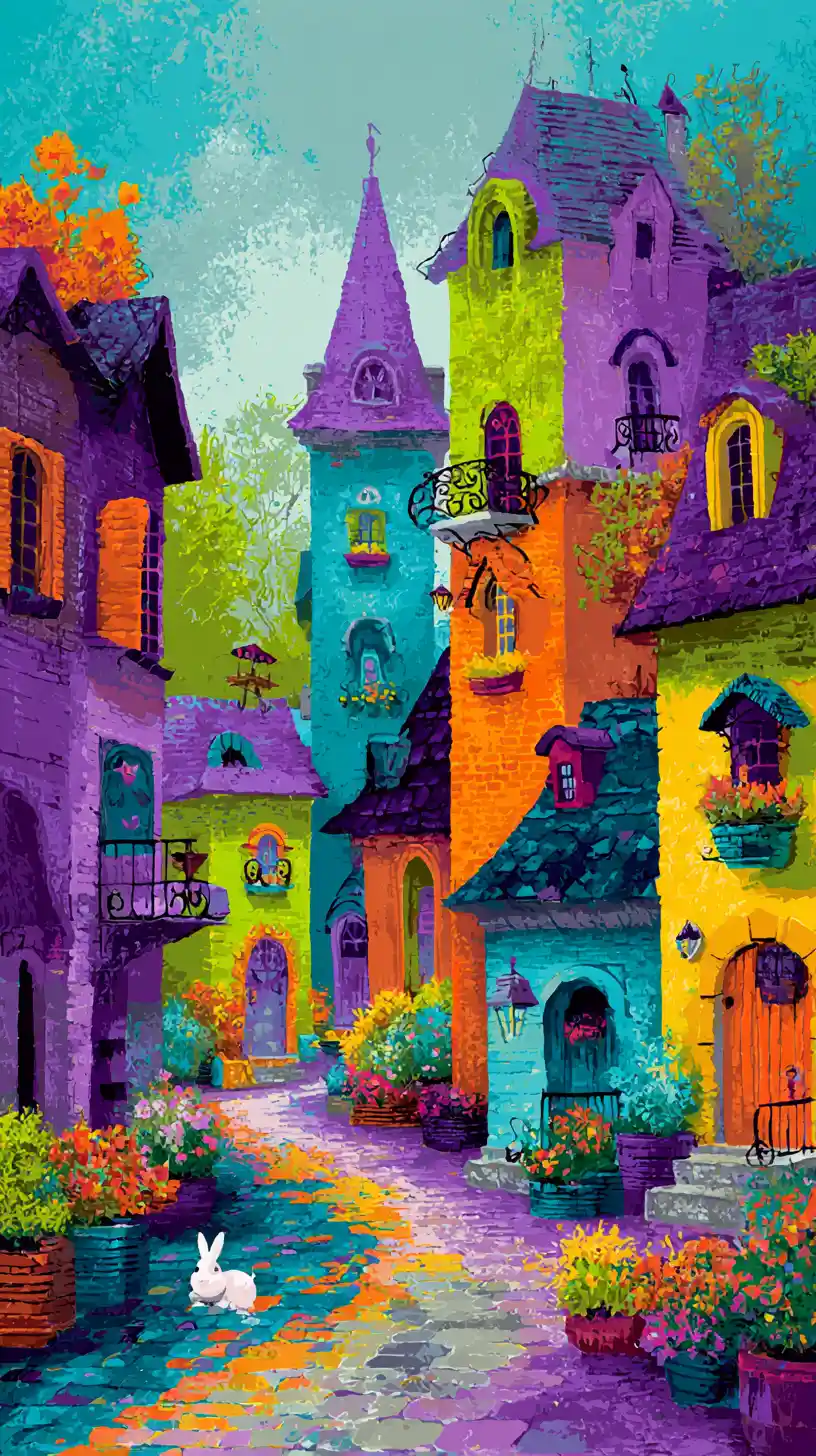Whimsical fairy tale village with colorful turreted houses