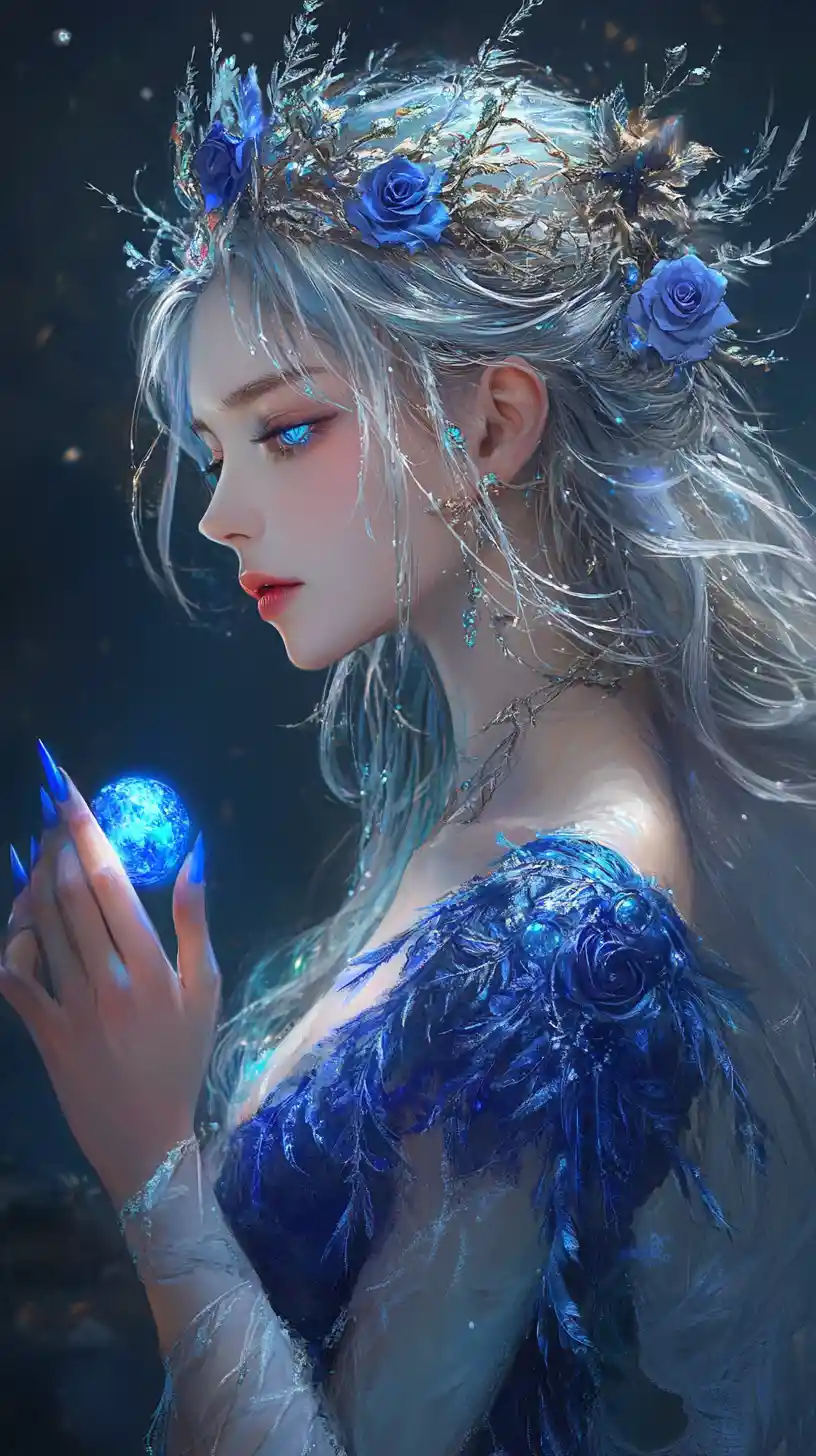 Ethereal silver haired goddess with glowing blue crown