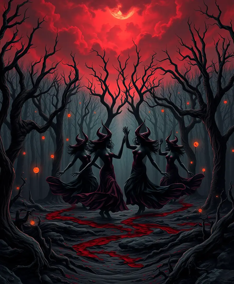 Streghe danzano in una foresta oscura sanguinante sotto cieli rossi