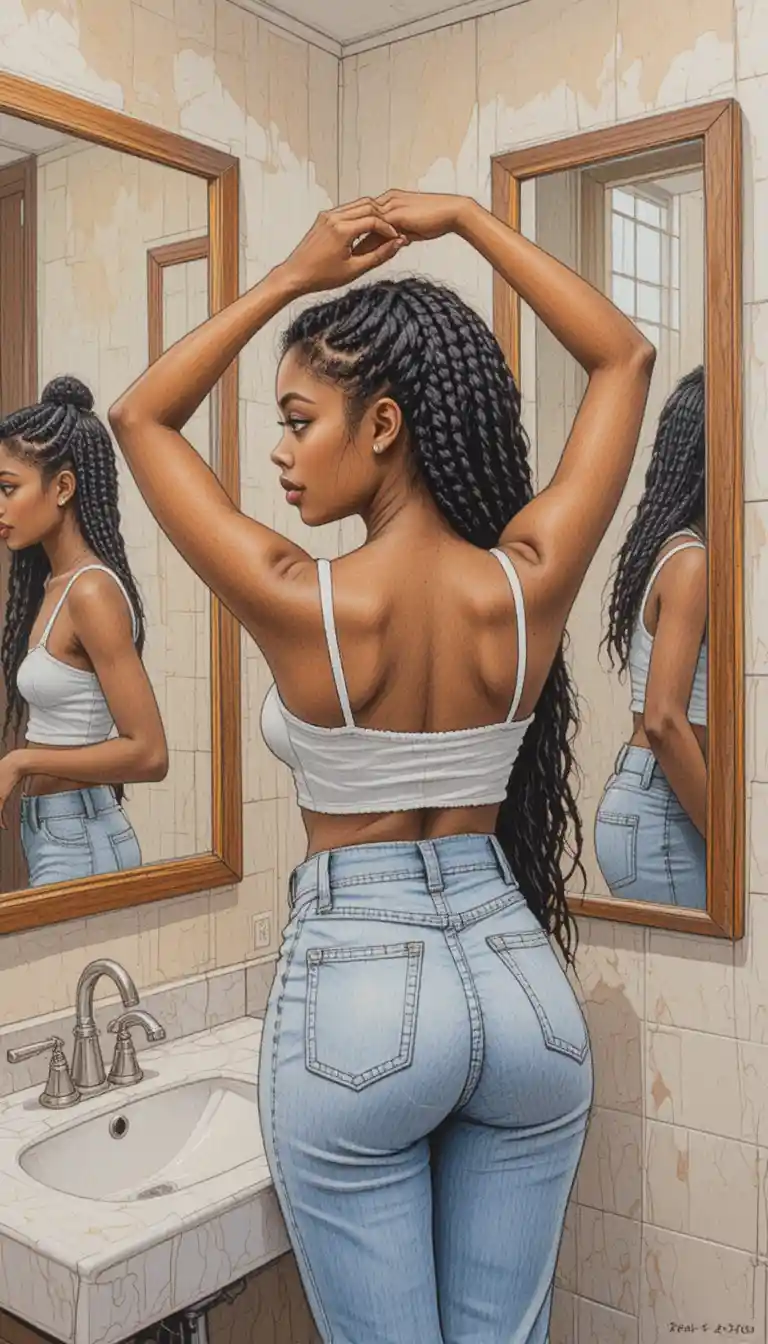 Young woman adjusting braids before a bathroom mirror