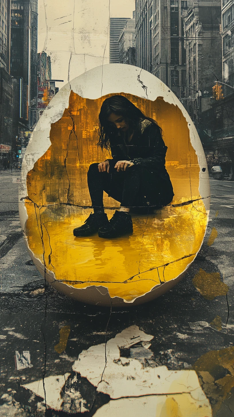 Crying cracked egg character on a wet city street